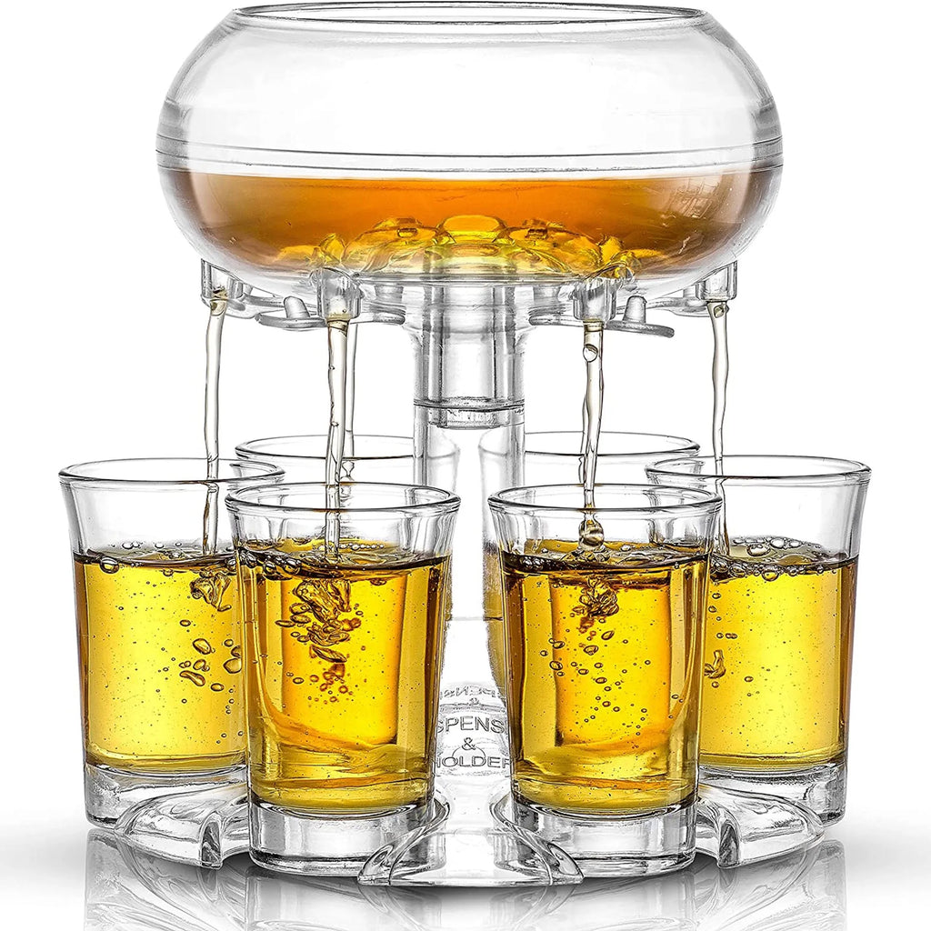 Transparent 6-shot glass dispenser rack with six shot glasses on a bar table.