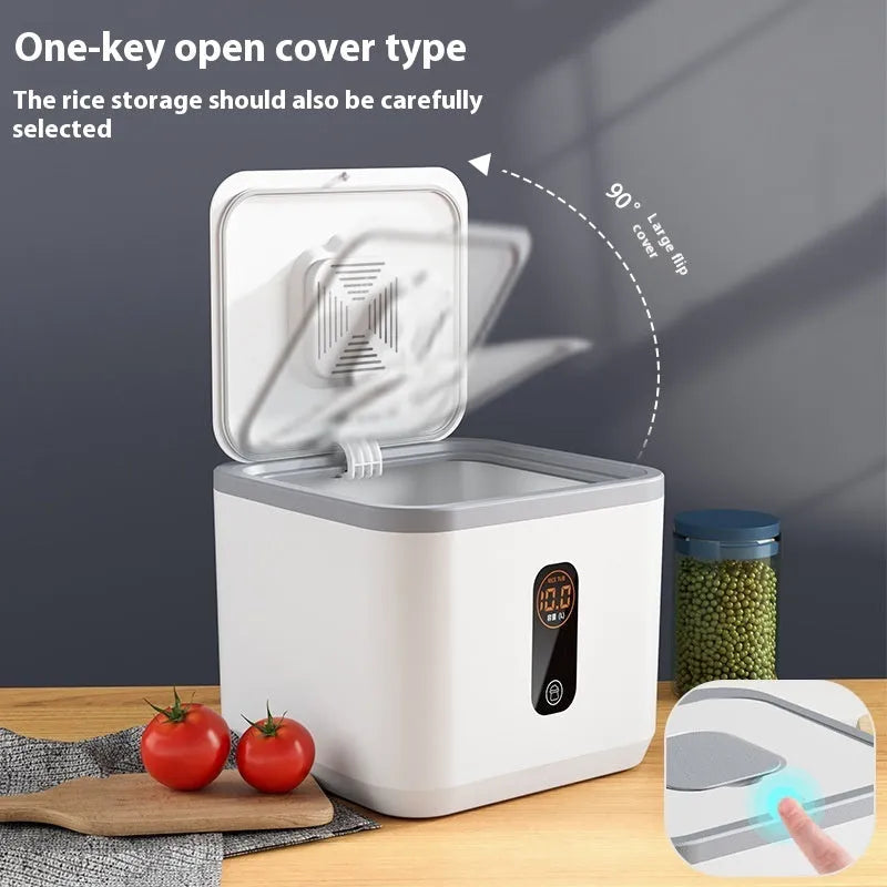 Grey plastic rice storage jar with sealed lid and measuring cup for 10kg 20kg or 30kg capacity