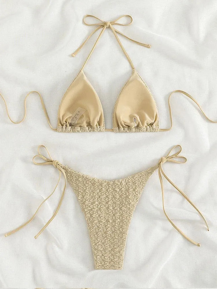 Women's khaki high waist bikini swimsuit with lace-up side detail