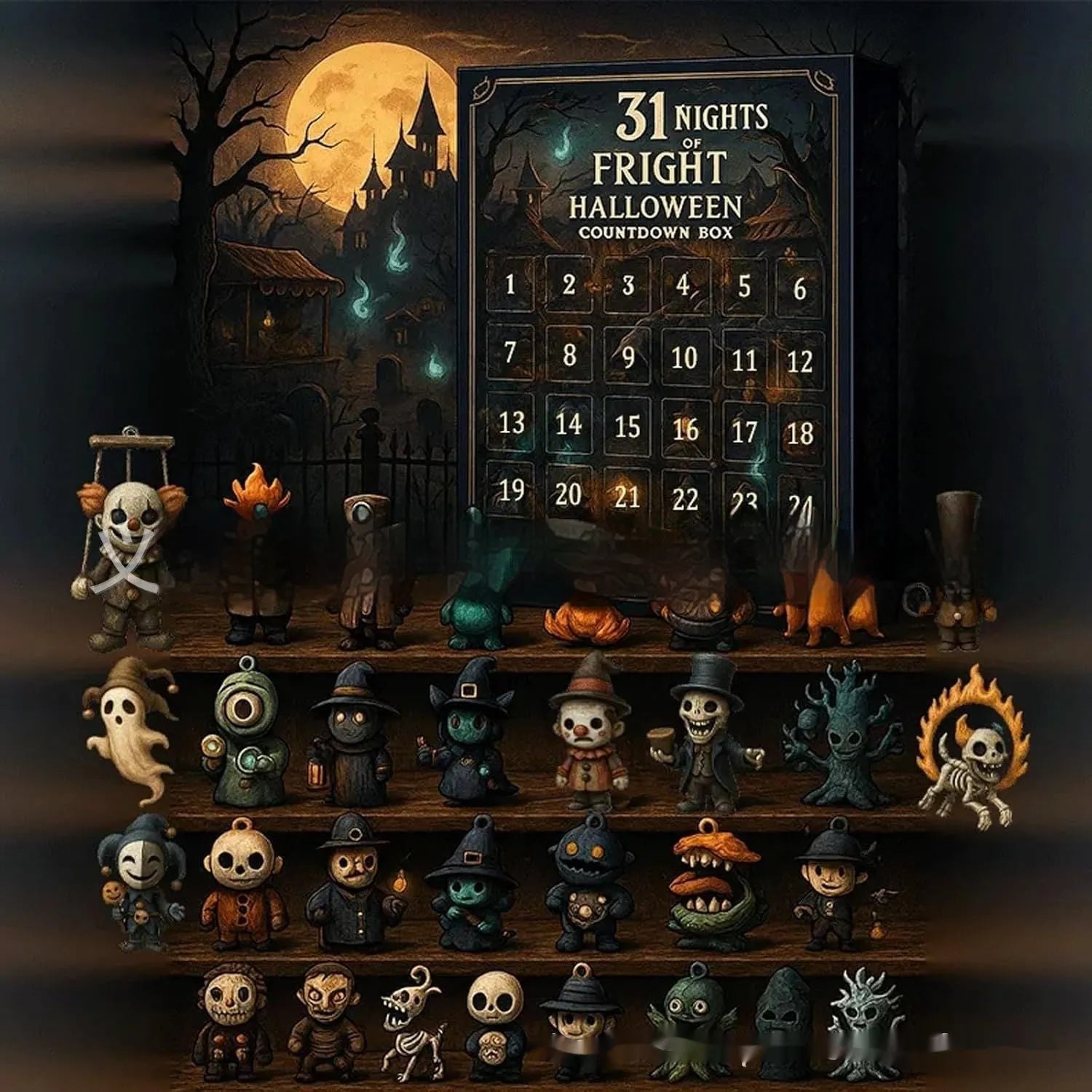 Halloween themed countdown box with plastic and resin construction for Christmas advent calendar use