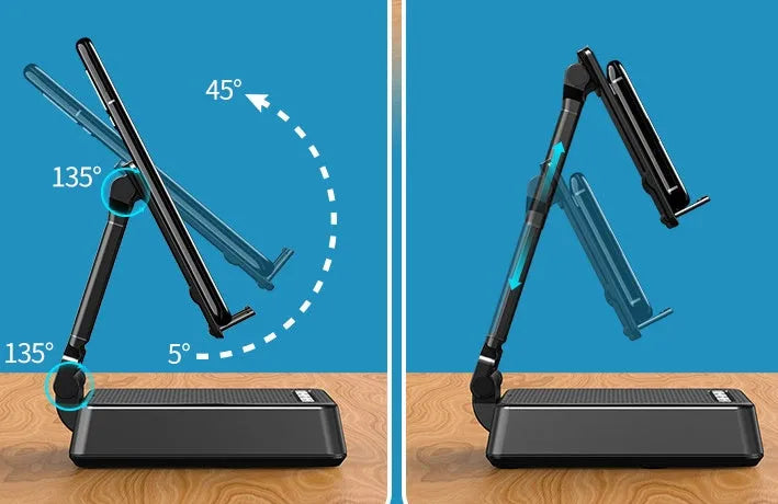Black mobile phone stand with Bluetooth speaker on desk showing 135cm height and USB charging port