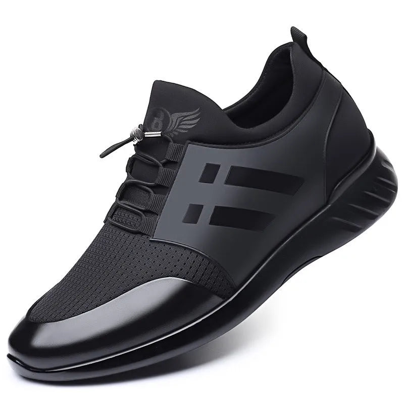 Men's black height increasing shoes with genuine leather or mesh upper, round toe, and chunky heel in sizes 37-48