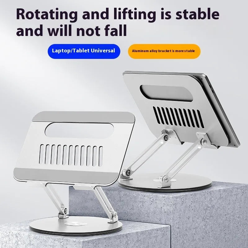 Silver aluminium alloy laptop stand folded flat showing dimensions and rotatable hinge mechanism