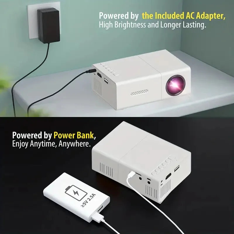 M100 Mini Projector in black or white showing 100-inch projection with international power compatibility
