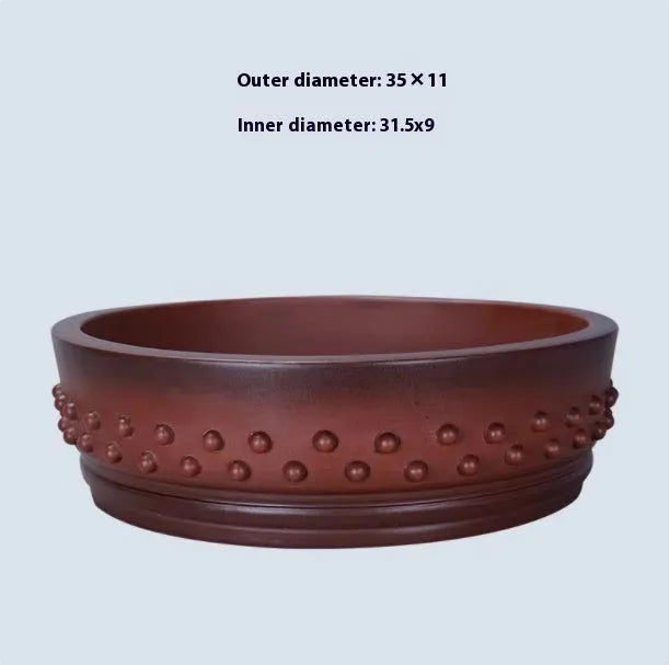 Small retro plain cement flower pot with ancient nail round design and breathable purple sand construction