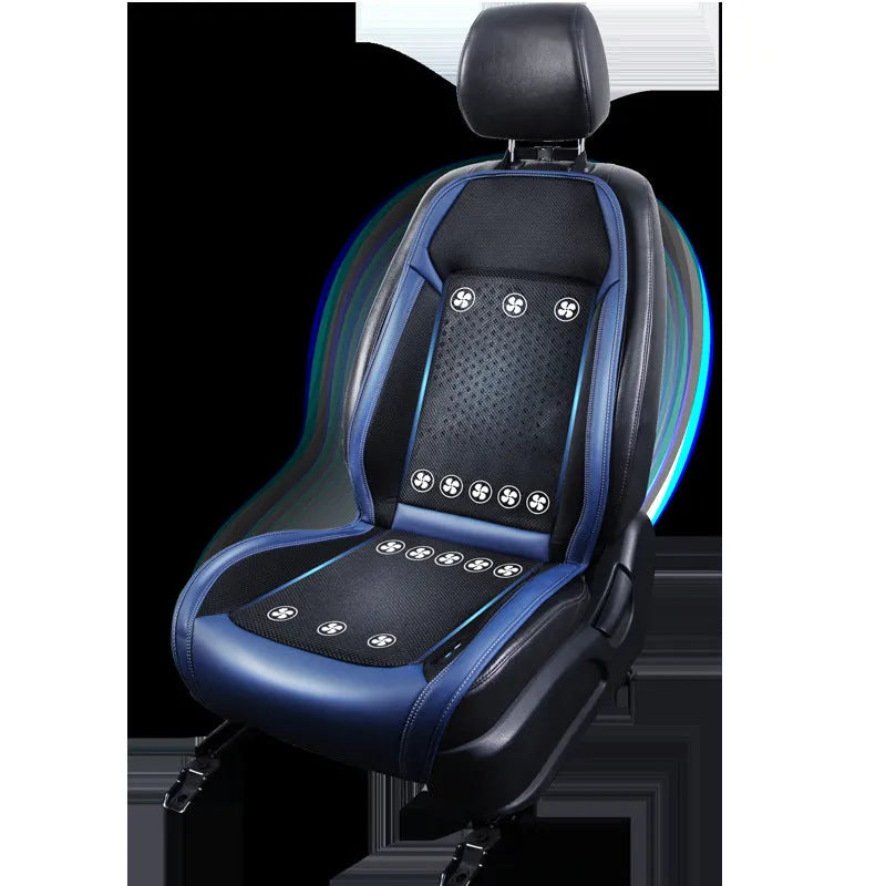 Car seat cooling pad with universal 12V/24V power, USB port, and solid colour design