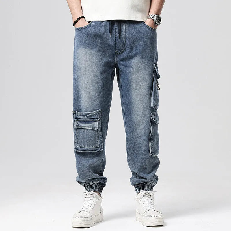 Men's loose fit hip hop trousers with multiple pockets in retro denim styling