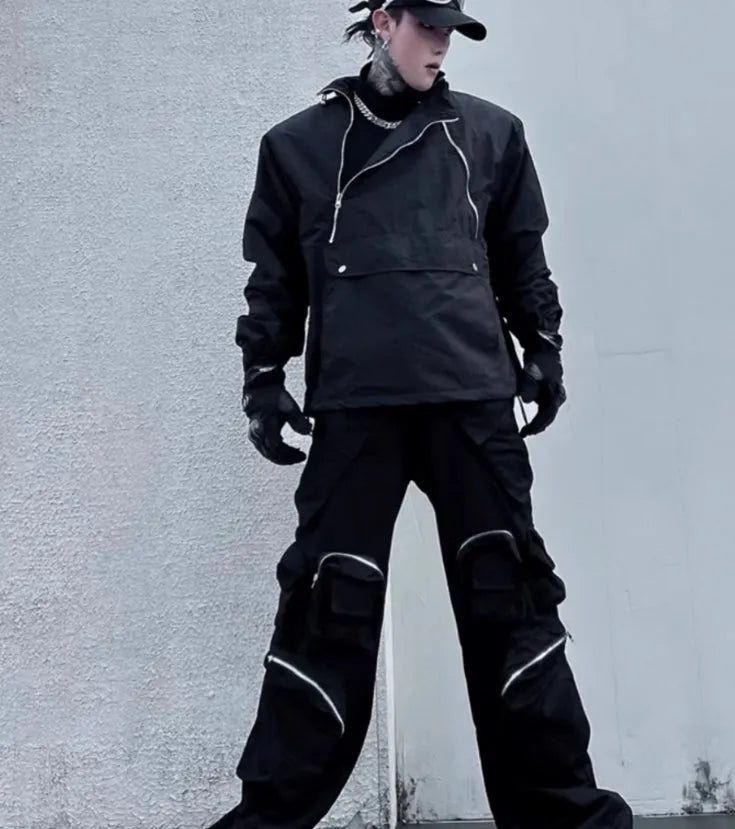Black polyester shell jacket with double zipper and stand collar, sizes M L XL