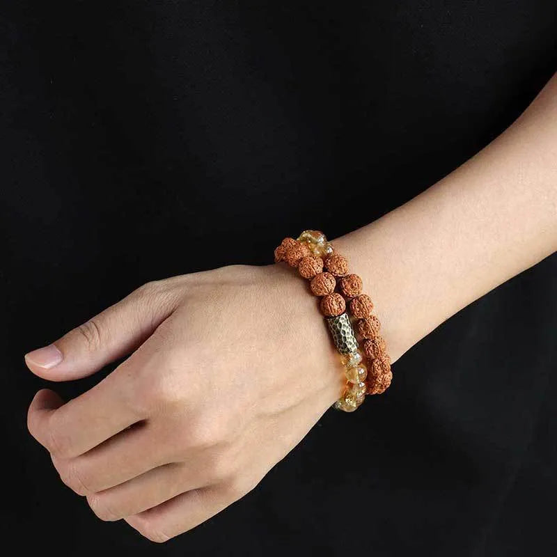 Handcrafted yellow tower crystal double ring bracelet with Barbie tan stones and retro styling