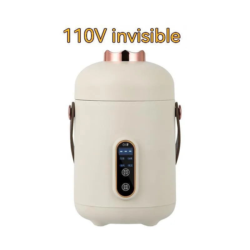 110V-240V electric stew cooker with transparent glass liner and fibre glass body, showing under 1-litre capacity