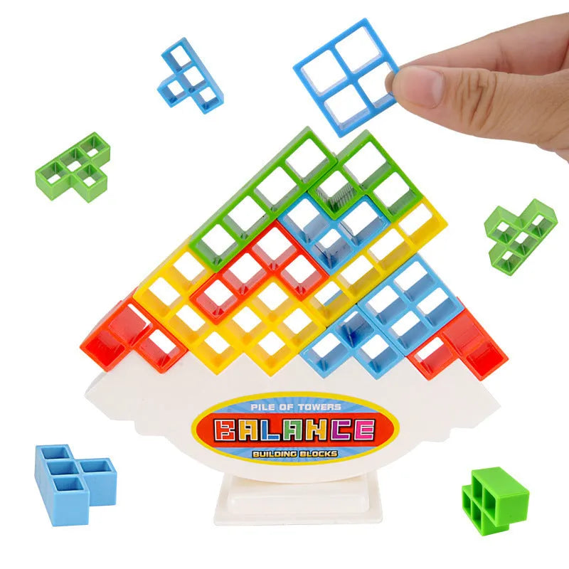 Plastic balance stacking game with 16 coloured blocks on 26.5cm square chassis for family play