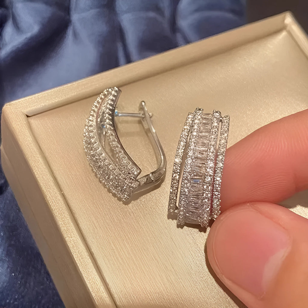 White gold colour geometric stud earrings with zircon inlaid design for women