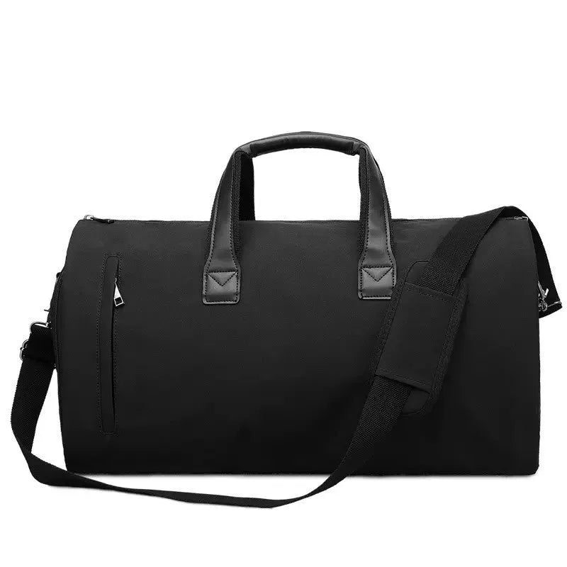 Oval travel bag in light grey with multiple internal compartments showing wet-dry separation feature