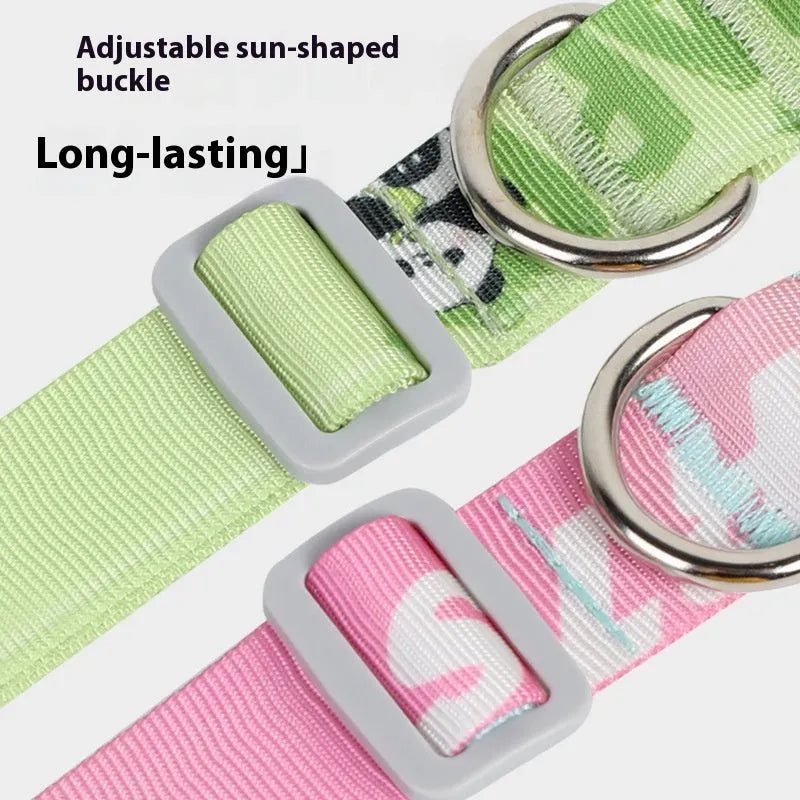 Adjustable nylon dog collar with cartoon gradient printing in gradient colour or panda green, showing secure buckle and size tags.