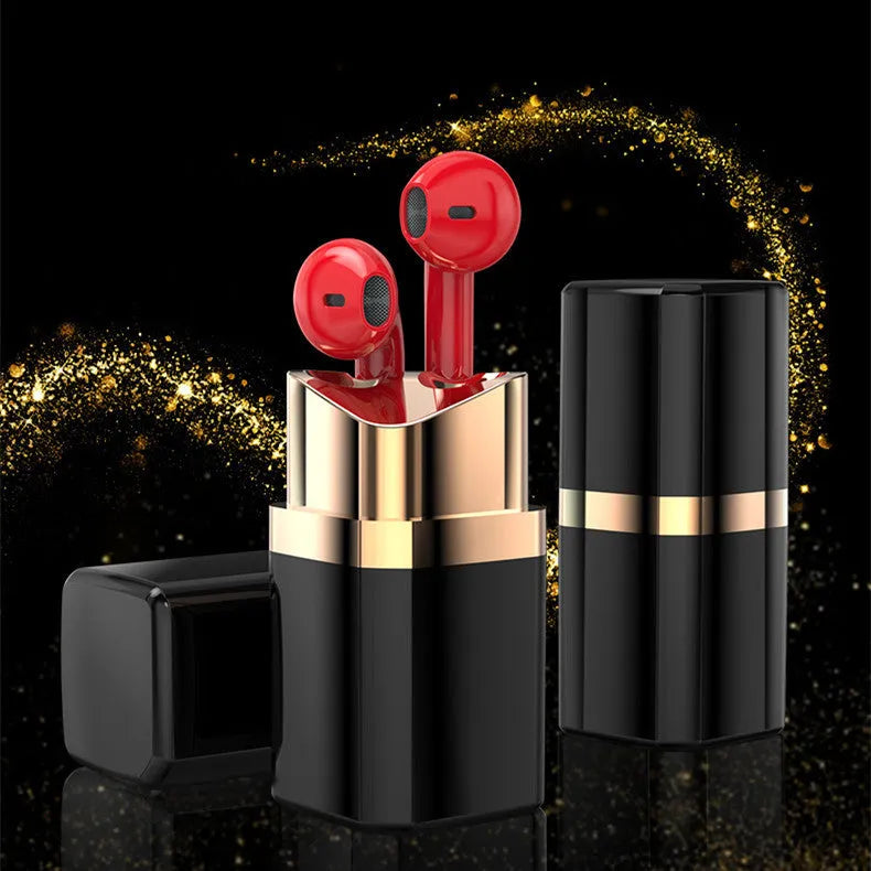 Lipstick-shaped Bluetooth earphones in black with compact charging case, showing in-ear design for noise reduction