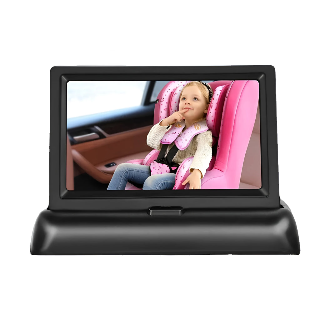 Black folding screen car baby monitor with 4.3-inch display and cigarette lighter power cable.