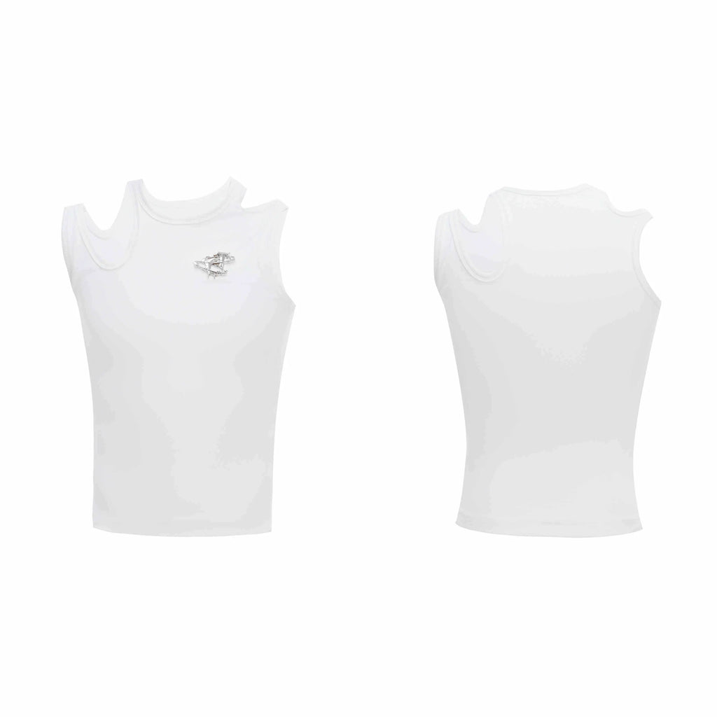 Men's sleeveless polyester vest T-shirt, crocheted hollow detail, cartoon pattern, white or black