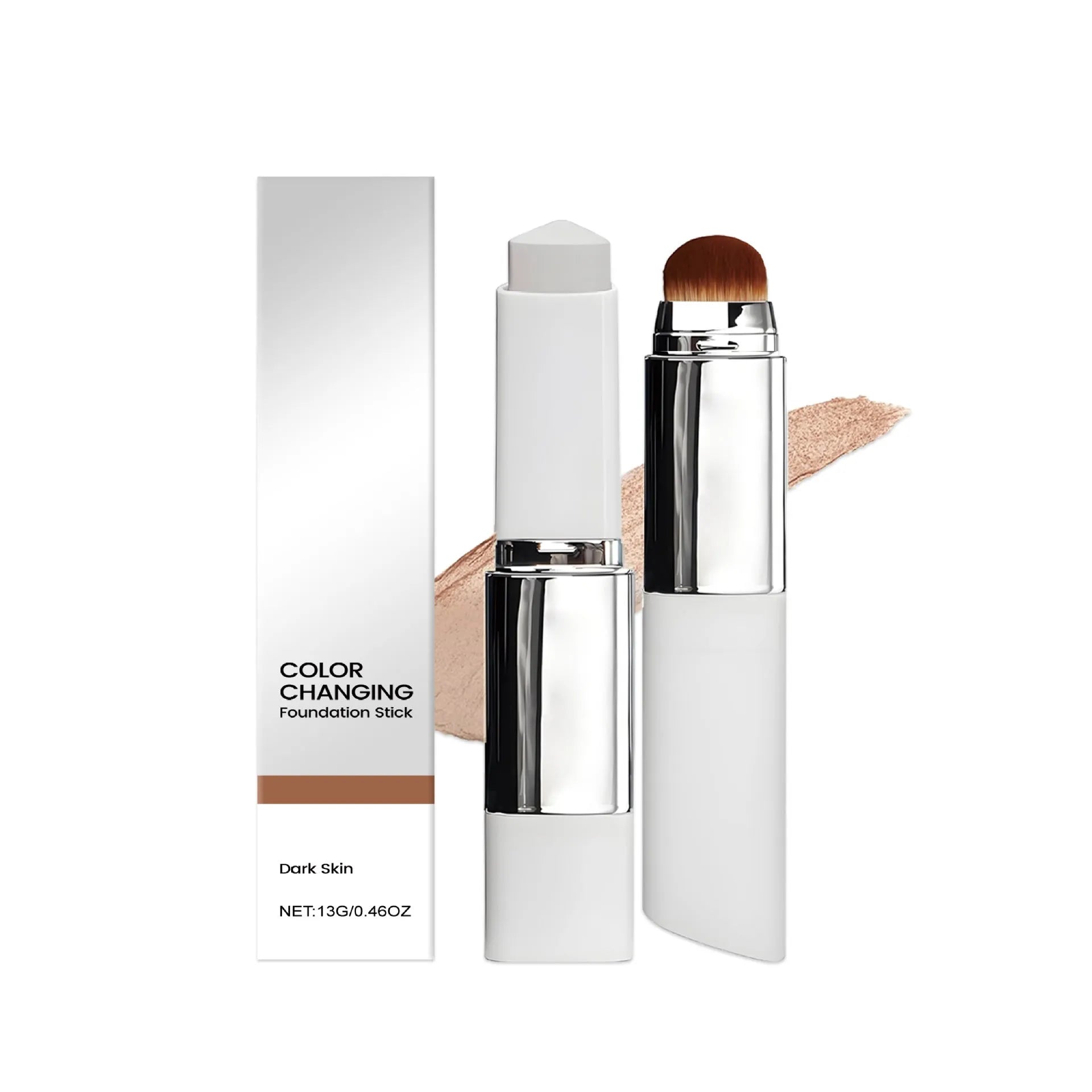 Foundation makeup stick in packaging showing the three colour options: deep flesh, ivory white, and natural.