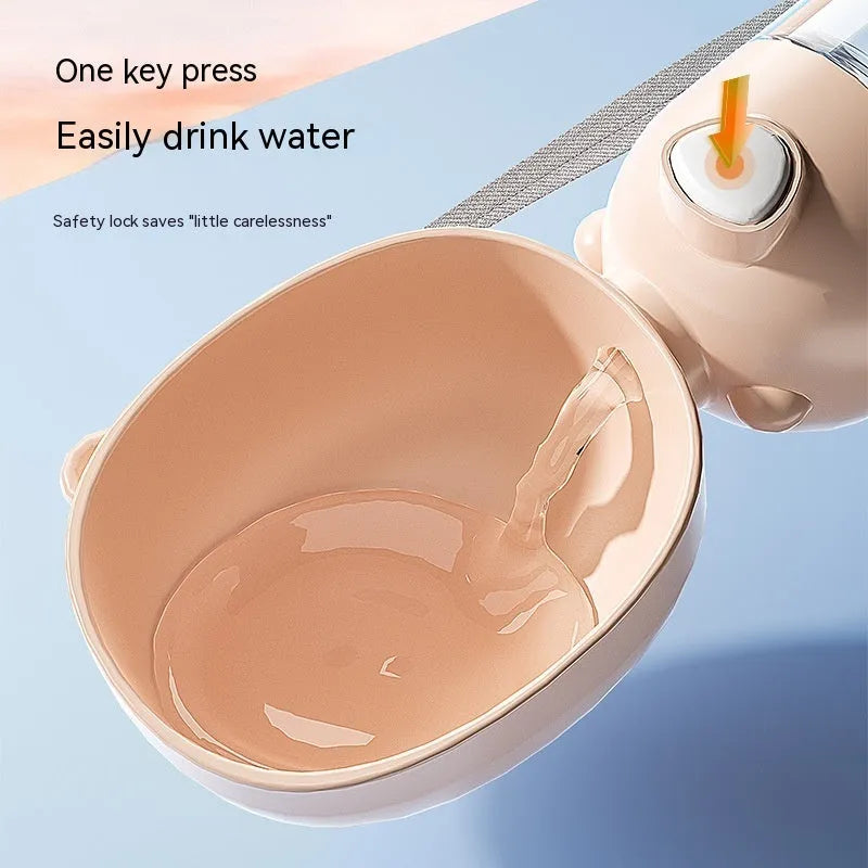 Portable dog water bottle with integrated bowl in brown, pink, and yellow colour options