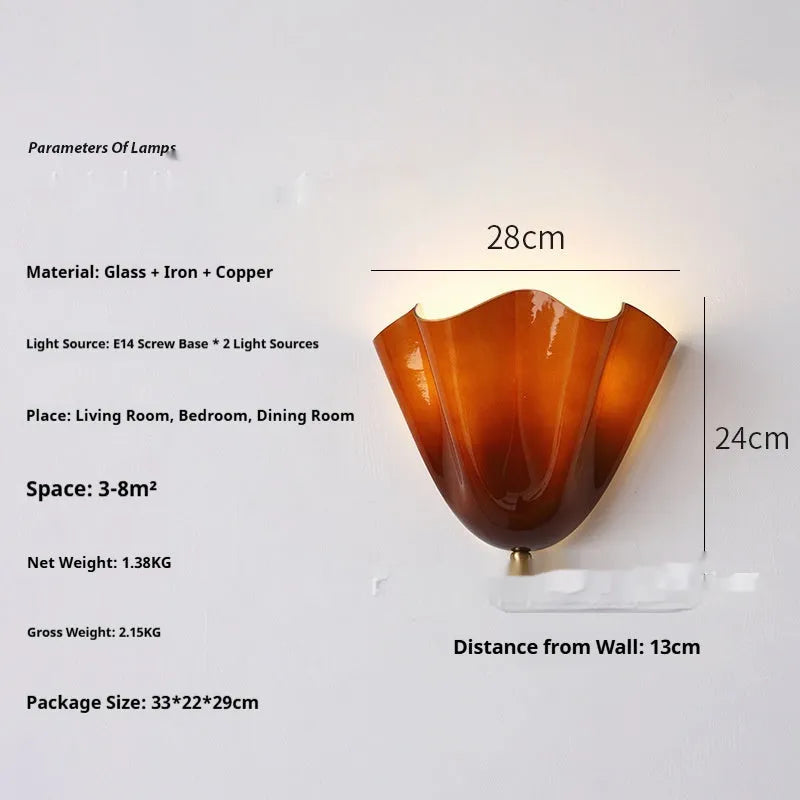 American retro berry glass wall lamp in iron with French shell design, 28x24x13cm, warm light 3000K