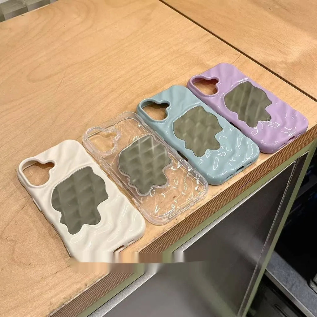 Simple water ripple texture phone case with a mirror, shown in beige, for iPhone protection.