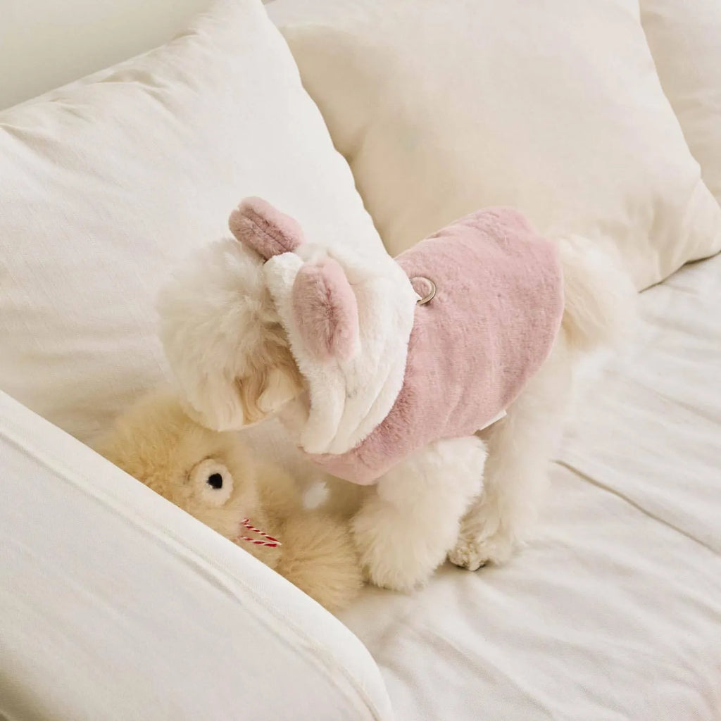 Light pink polyester warm coat for small dog or cat on hanger with size tags
