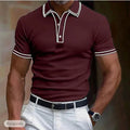 Men's loose fit striped short-sleeved t-shirt on a hanger, showing the pattern and casual style.