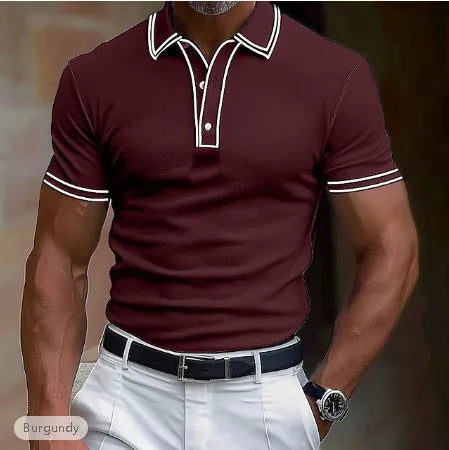 Men's loose fit striped short-sleeved t-shirt on a hanger, showing the pattern and casual style.