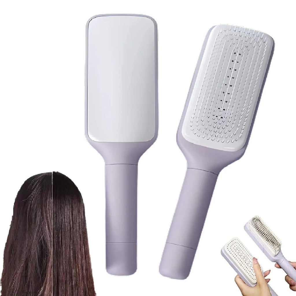 Purple self-cleaning hair brush with telescopic handle showing rotating mechanism and comb teeth