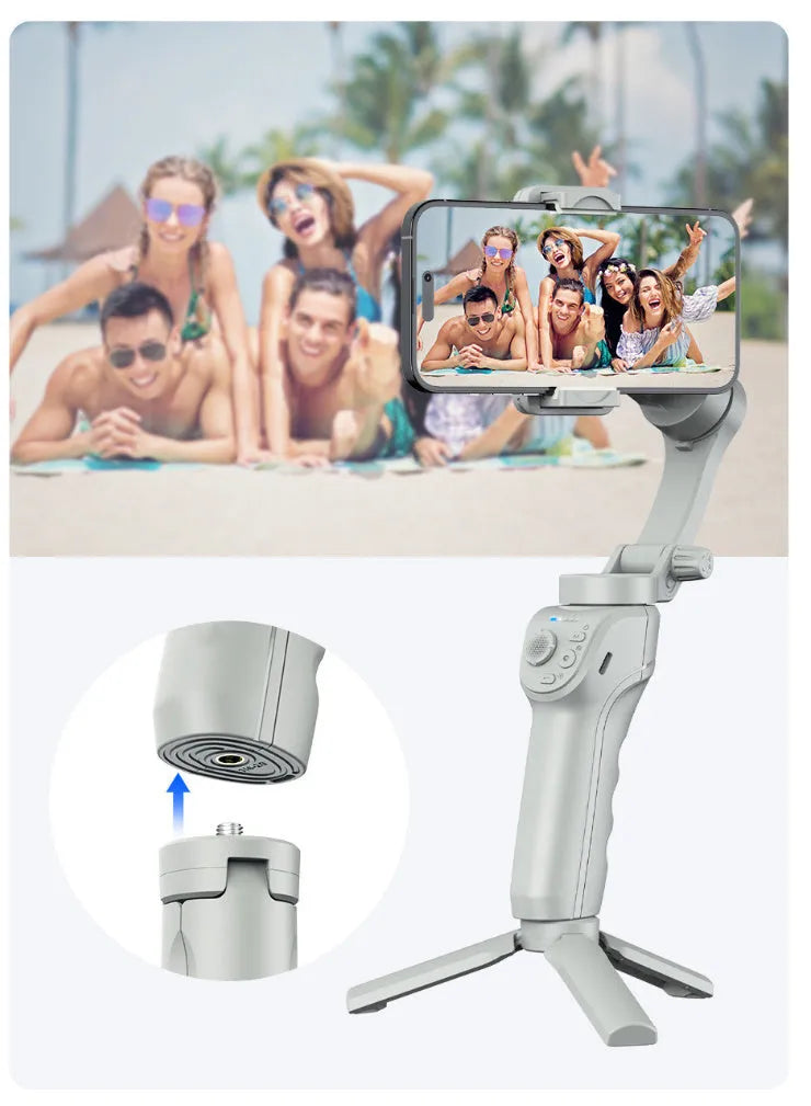 Grey ABS handheld three-axis anti-shake stabiliser with AI face tracking, fill light and camera strap