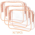 Set of three semi-transparent PVC bags in black, pink and white with customisable front panel.