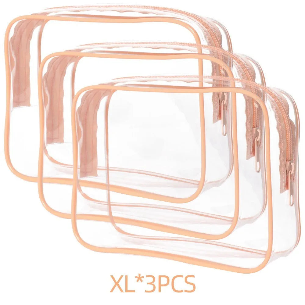 Set of three semi-transparent PVC bags in black, pink and white with customisable front panel.