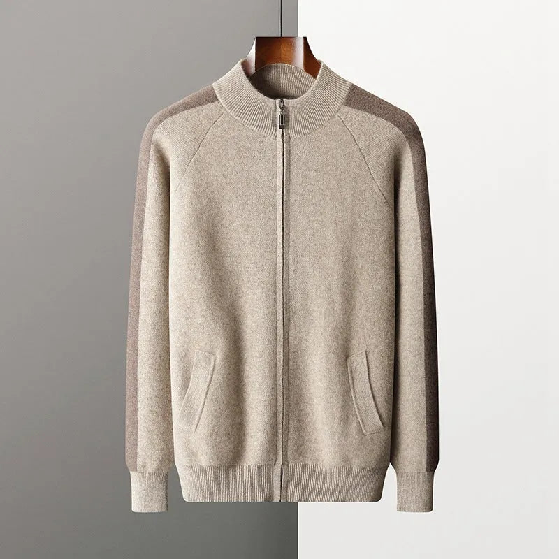 Men's cashmere wool blend half turtleneck zipper cardigan suit with trousers in winter colours