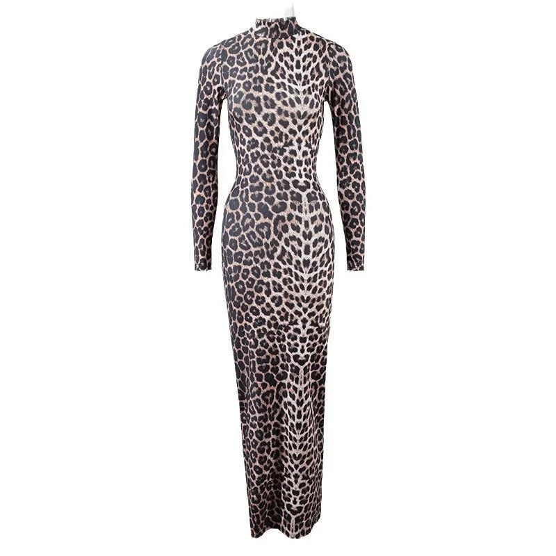 Leopard print women's dress with stand collar, long sleeves, and high waist hip skirt design