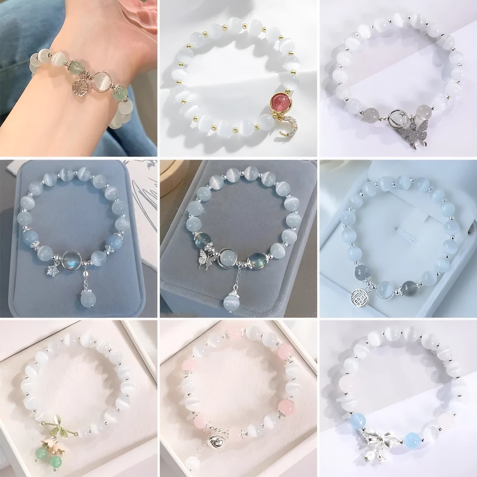 Women's bracelet with multiple diamond-shaped cat's eye opal beads on a string.