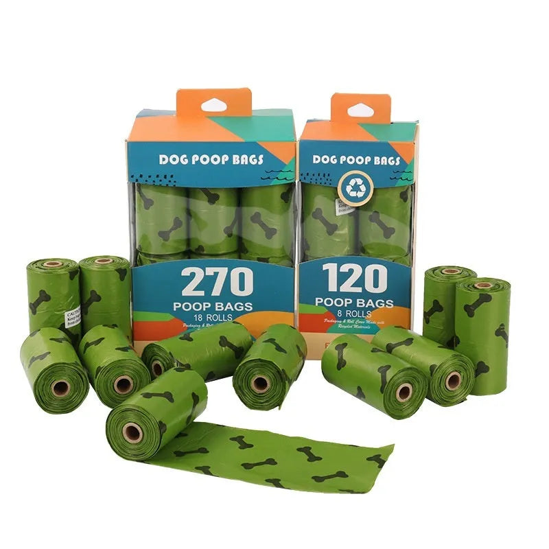 Degradable dog poop bags in military green with black bone print, 23cm by 33cm size, EPI+HDPE material