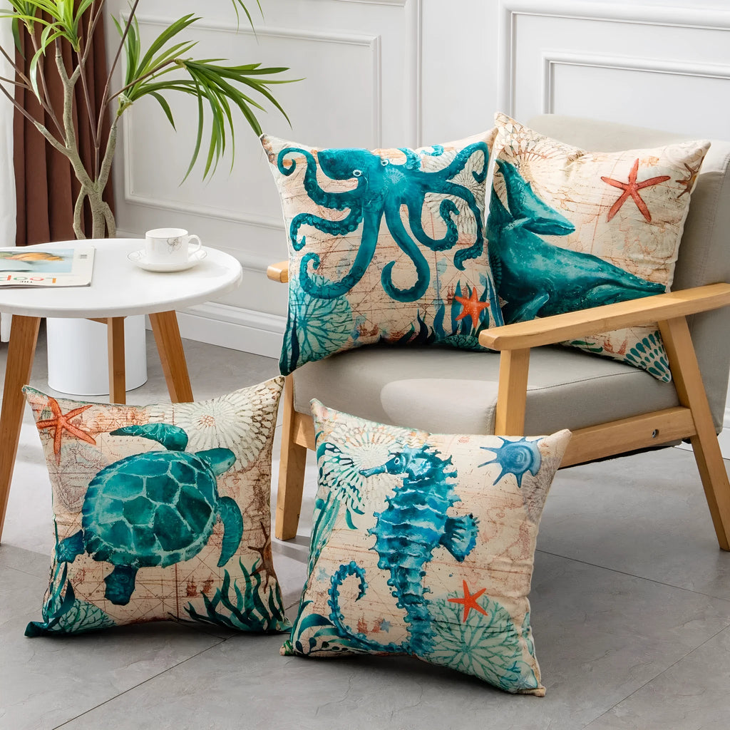 Linen cushion cover with printed sea turtle design, showing invisible zipper and 45x45cm size.