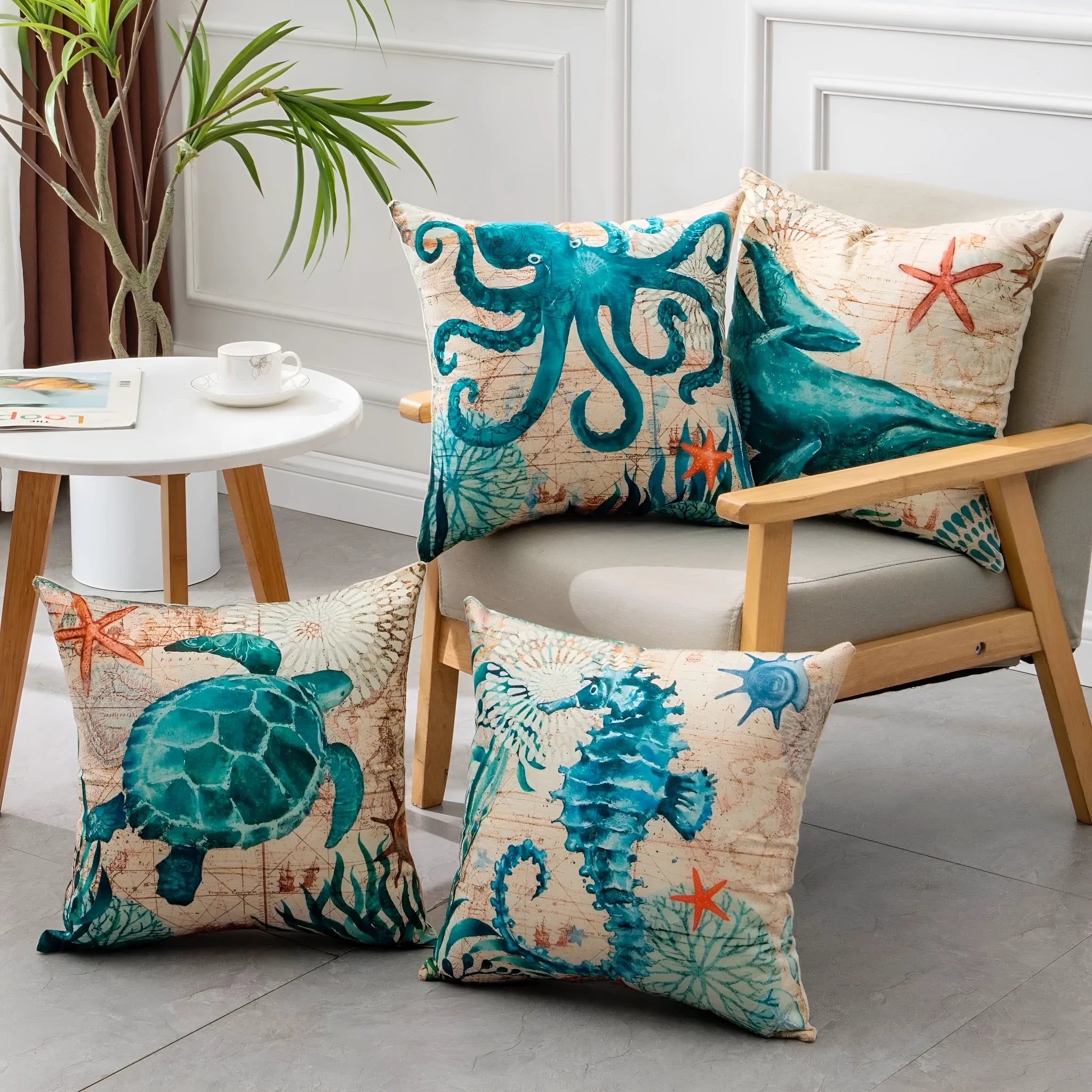 Linen cushion cover with printed sea turtle design, showing invisible zipper and 45x45cm size.