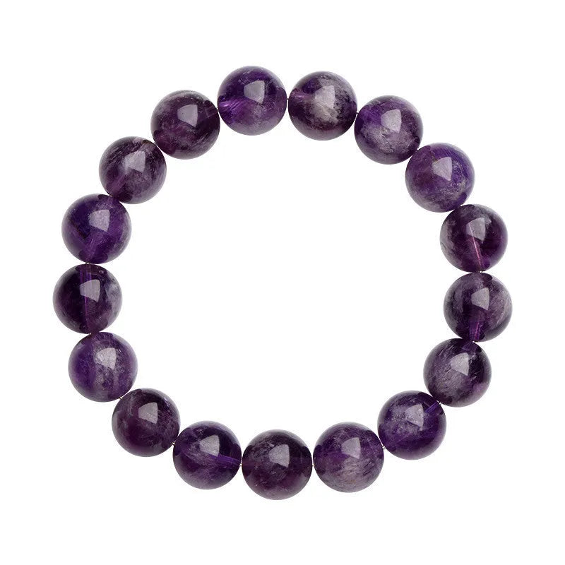 Natural feather amethyst crystal bracelet with scattered geometric beads showing purple crystal patterns and Ruyi elements