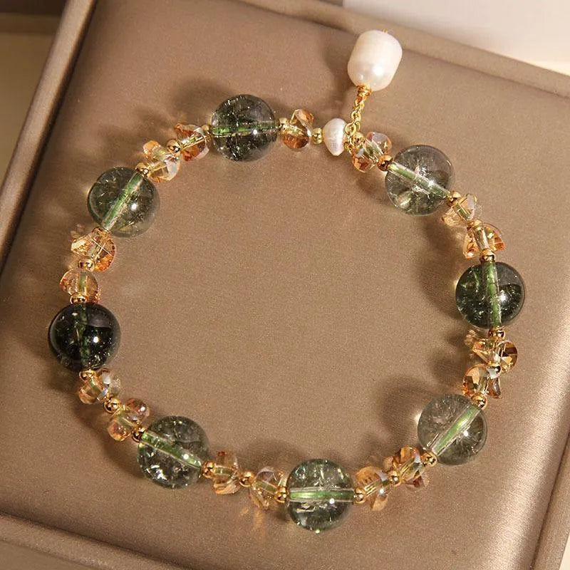 Green phantom quartz crystal bracelet with champagne accents in Japanese Korean style design