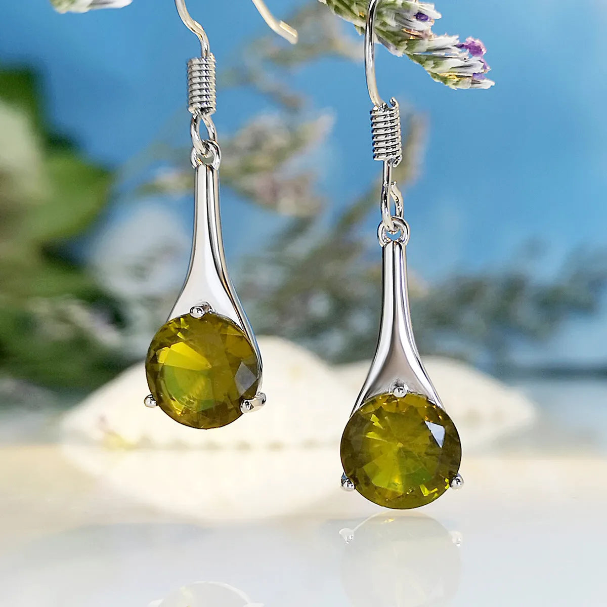 Olive green topaz earrings with water drop shape measuring 2-3cm, electroplated alloy construction