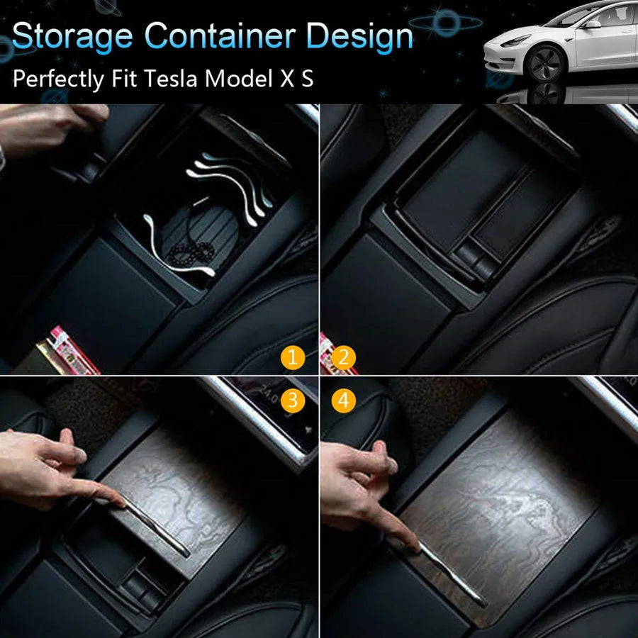 Black wireless charging storage box with QI standard compatibility and cable storage compartment