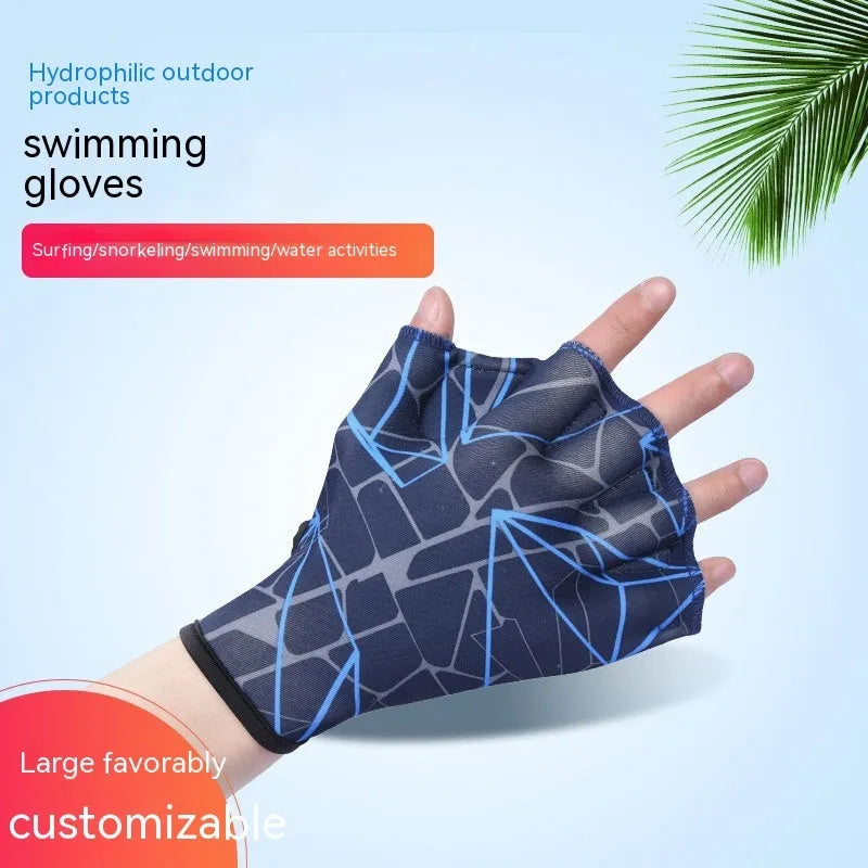 Webbed swimming gloves with duck feet design in multiple colour prints for improved aquatic propulsion
