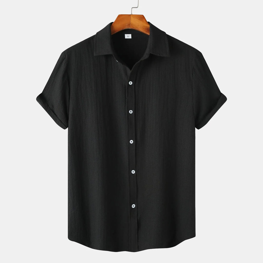 Men's casual short-sleeved cardigan shirt in polyester, shown in various colours and sizes.