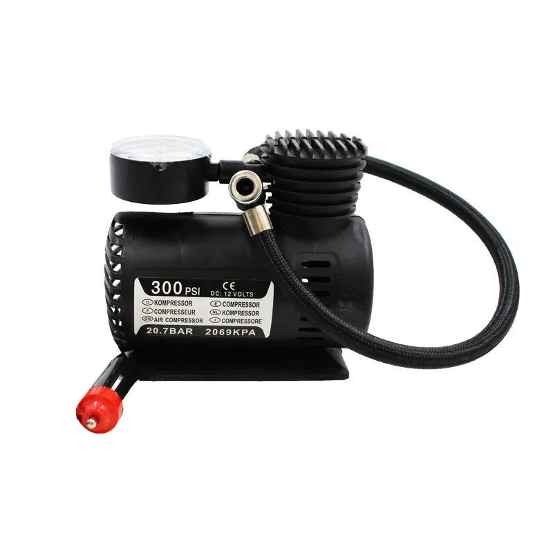 Black 12V miniature car tyre air pump measuring 13.5x12x7cm