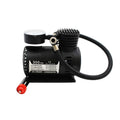 Black 12V miniature car tyre air pump measuring 13.5x12x7cm