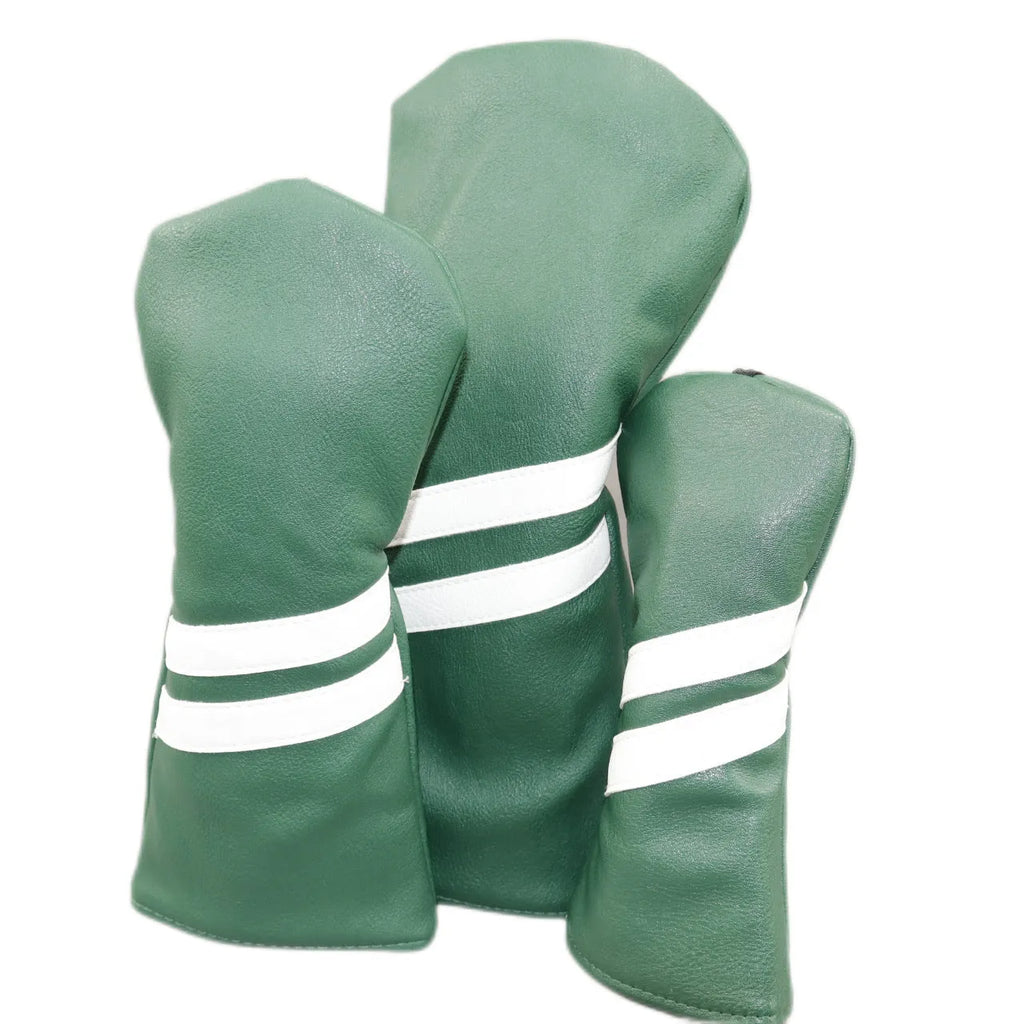 PU golf club head cover with two diagonal stripes in black, shown beside a golf club