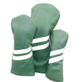 PU golf club head cover with two diagonal stripes in black, shown beside a golf club