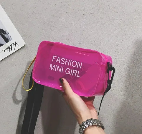 Transparent square jelly shoulder bag with adjustable strap in multiple colour options showing 19cm width dimensions