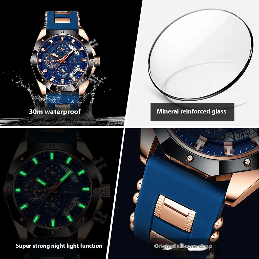 Men's chronograph watch with diamond-shaped dial on a silicone strap, showing rose gold case option.